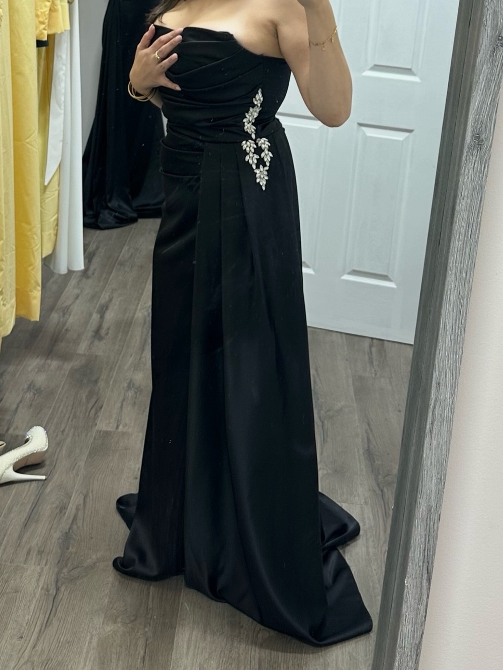 Strapless Black Evening Gown with Embellished Side Detail